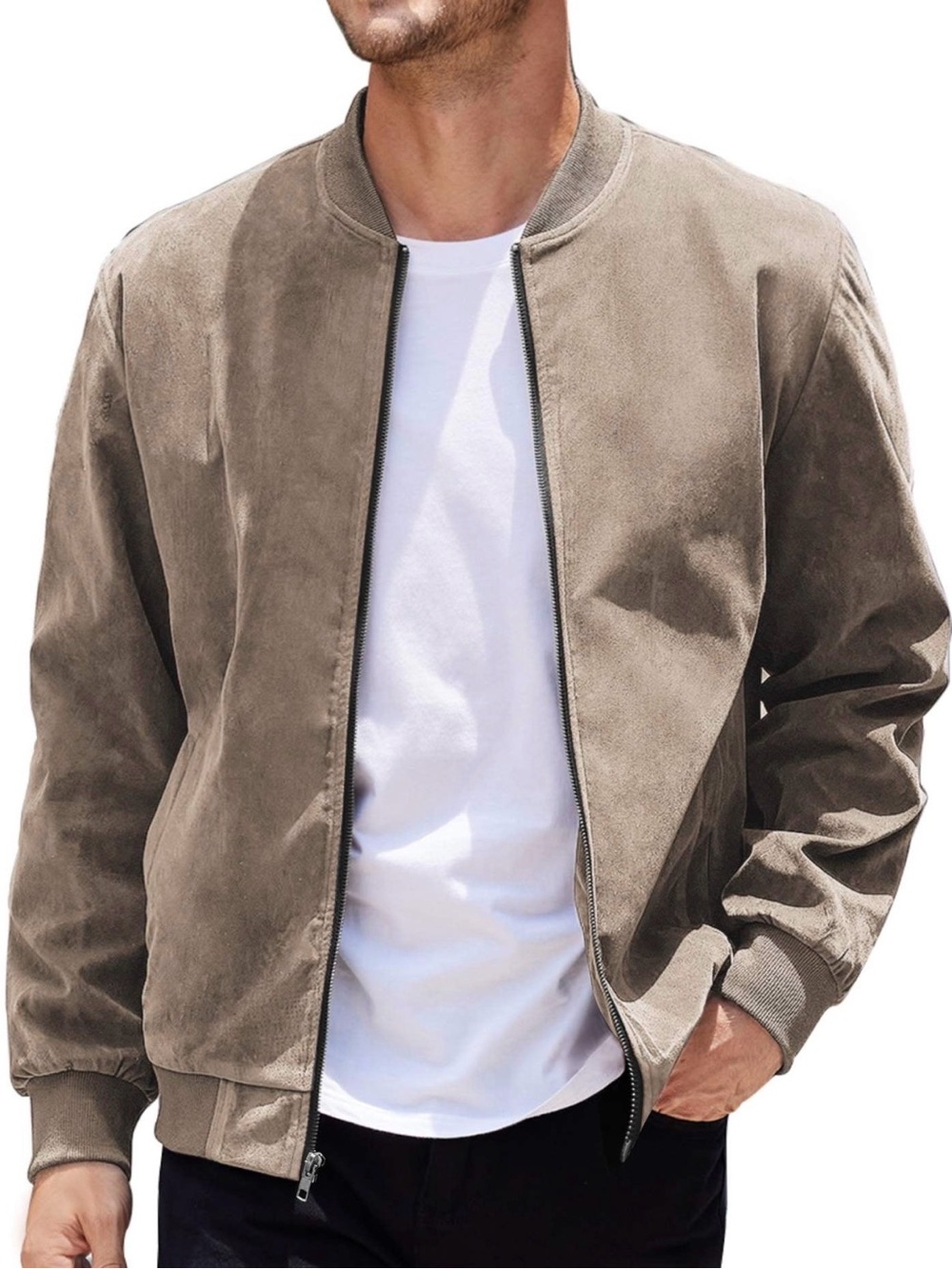 Men's Suede Bomber Jacket - Taupe-Inspired NWT Size L